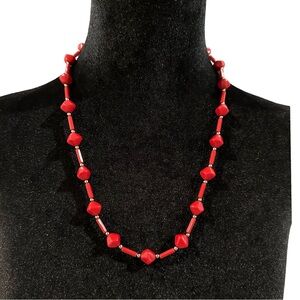 Necklace Red Silver Tone Spacers 24 Inch Length